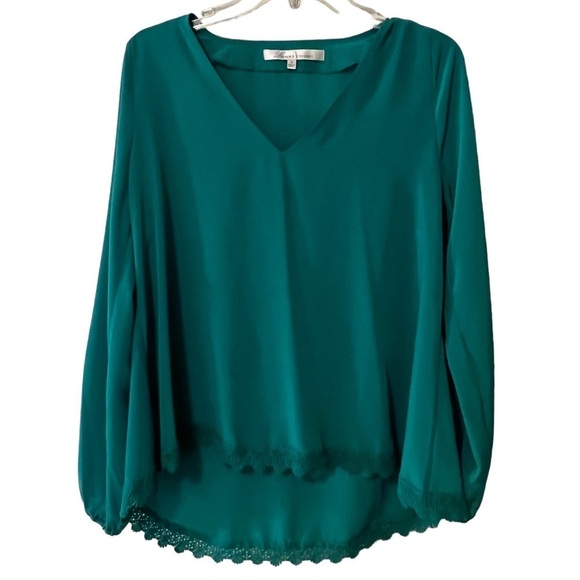 Lovers + Friends Green V-Neck Balloon Sleeve Lace Embroidered Detail Blouse M - Picture 2 of 12